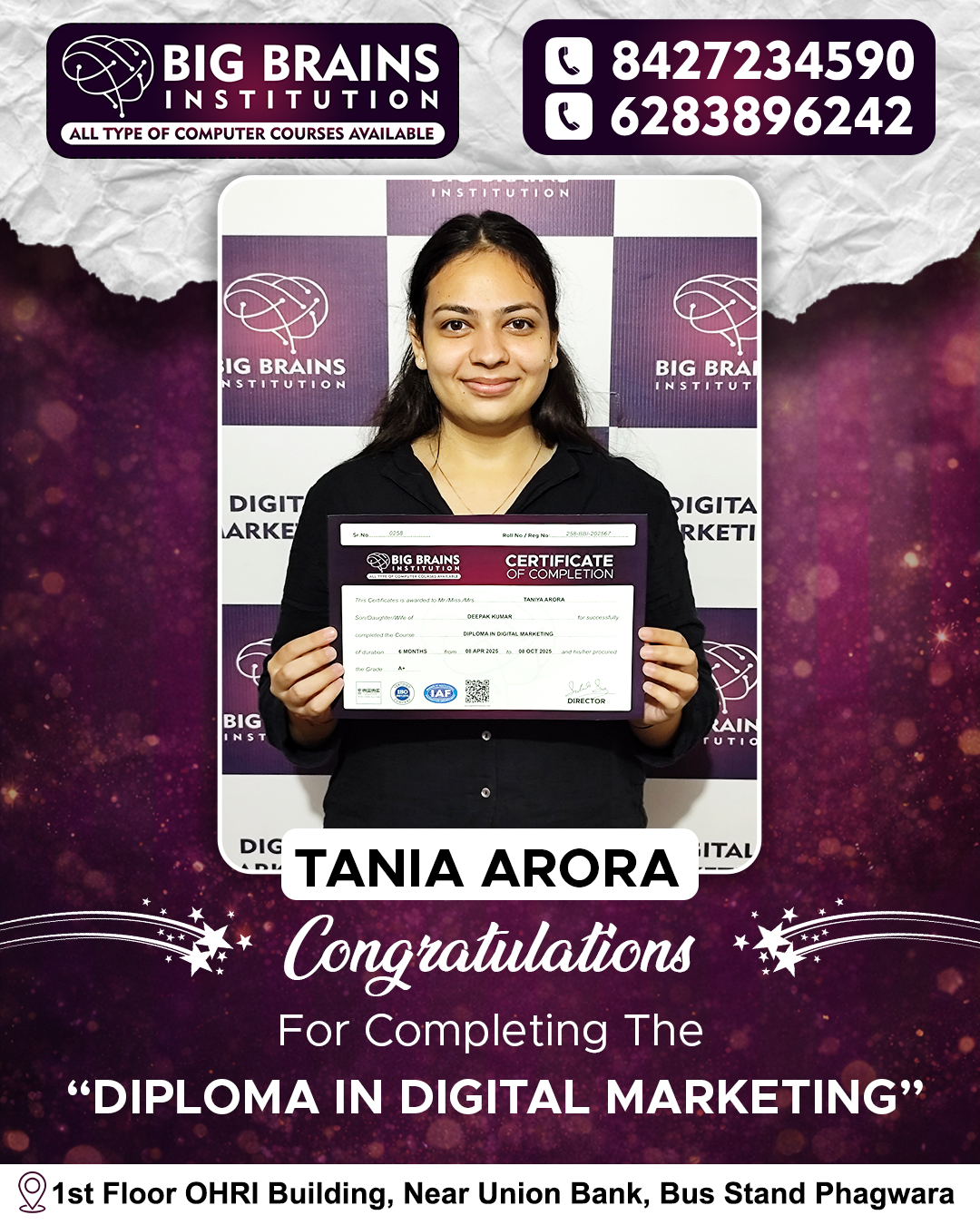Tania's Certiiacte of Digital Marketing Certificate